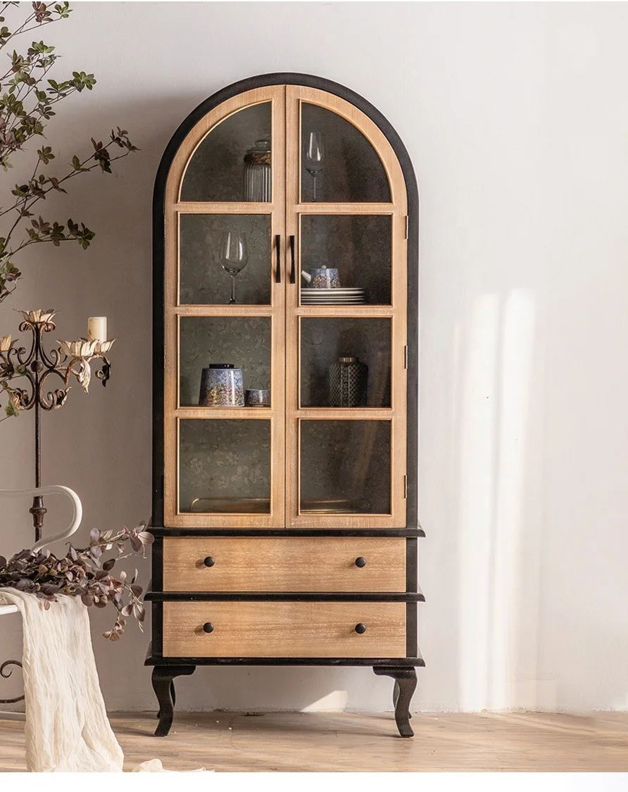 France style retro arched against the wall 2 glass door livingroom sideboard wood furniture storage cabinet