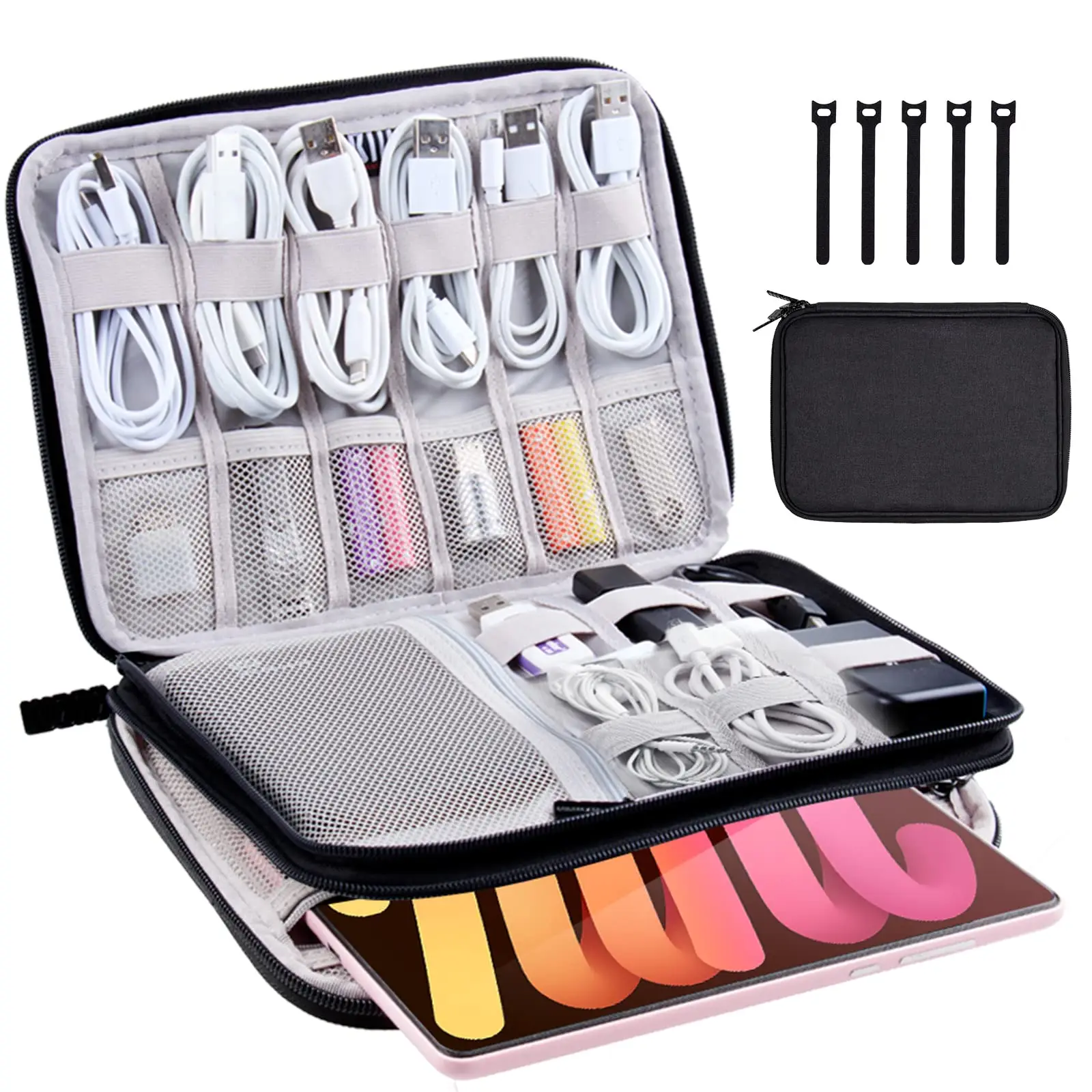 Haoen Travel Cable Organizer Bag - Water Resistant Pouch for Cords, iPhone, iPad - Gift for Men With 5 Cable Ties