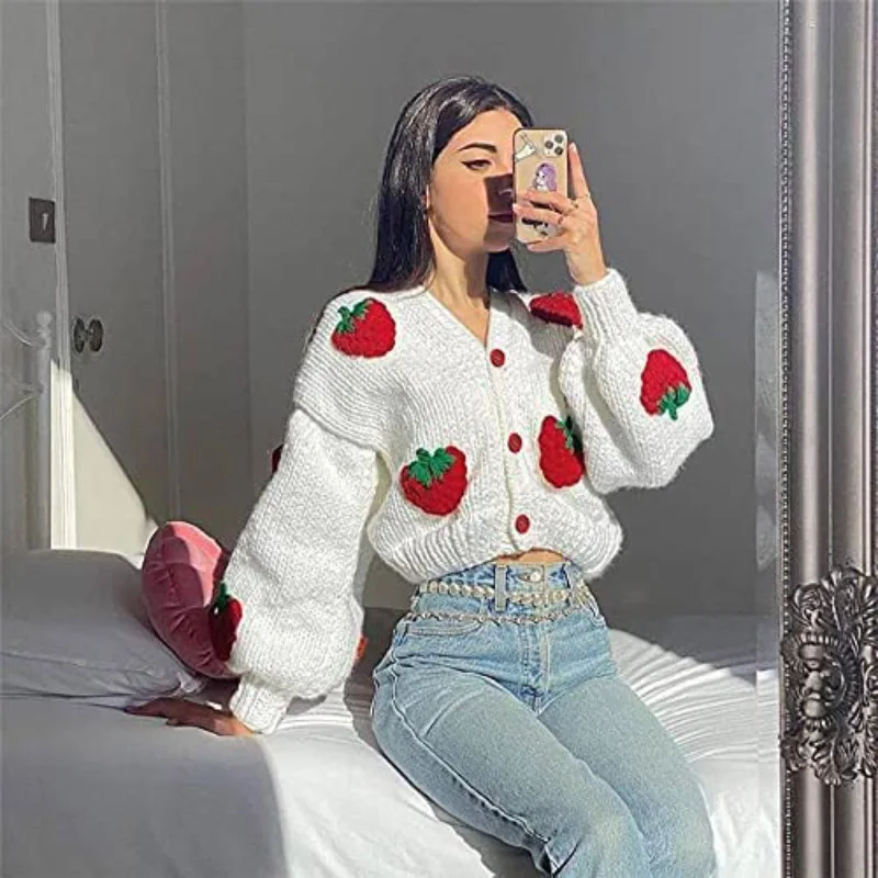 Custom Cute Oversized Jumper Pullover Top Aesthetic Clothes Women Button Down Sweater V Neck Cable Knit Crop Cardigan