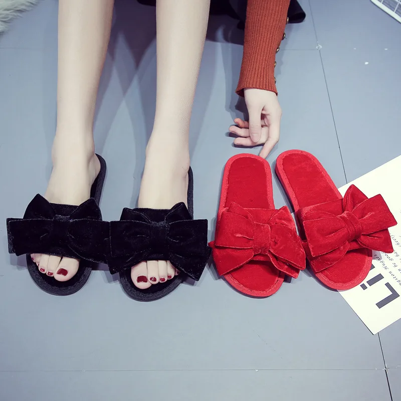 Fashion design Bowknot 2021 Winter Plush warm slides ladies Flat bedroom indoor shoes Luxury women faux fur slippers