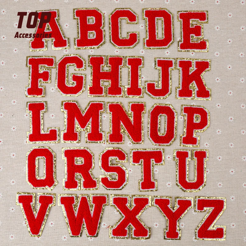 8CM Glitter Gold Edge Red English Letter A-Z Chenille Embroidery Patch