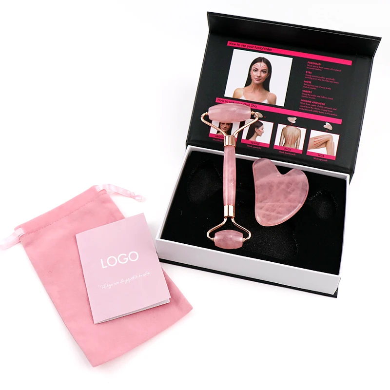 Wholesale Private Label Face Care Anti-Aging Rose Quartz Gua Sha and Jade Roller Of Clamshell Box Facial Roller