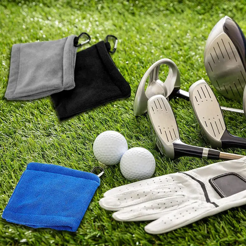Golf Cart Wipe Cleaner Microfiber Water Absorption Clean Golf Club Head Square Golf Balls Cleaning Towel with Carabiner Hook