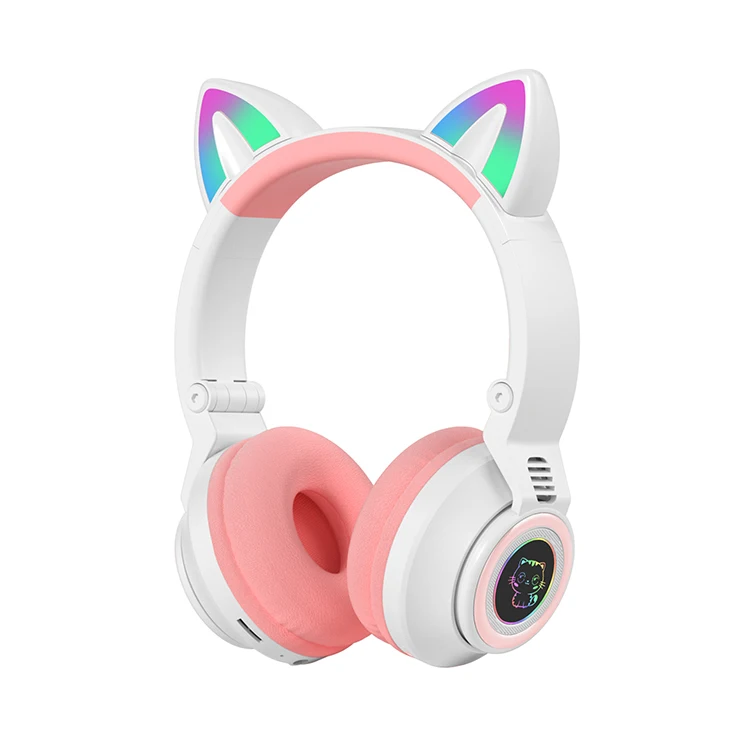 Custom Logo Kids Headphones Deep Bass TWS Headset P47 Color Stylish Cat Ears LED RGB Wireless Earphones For Girls Children