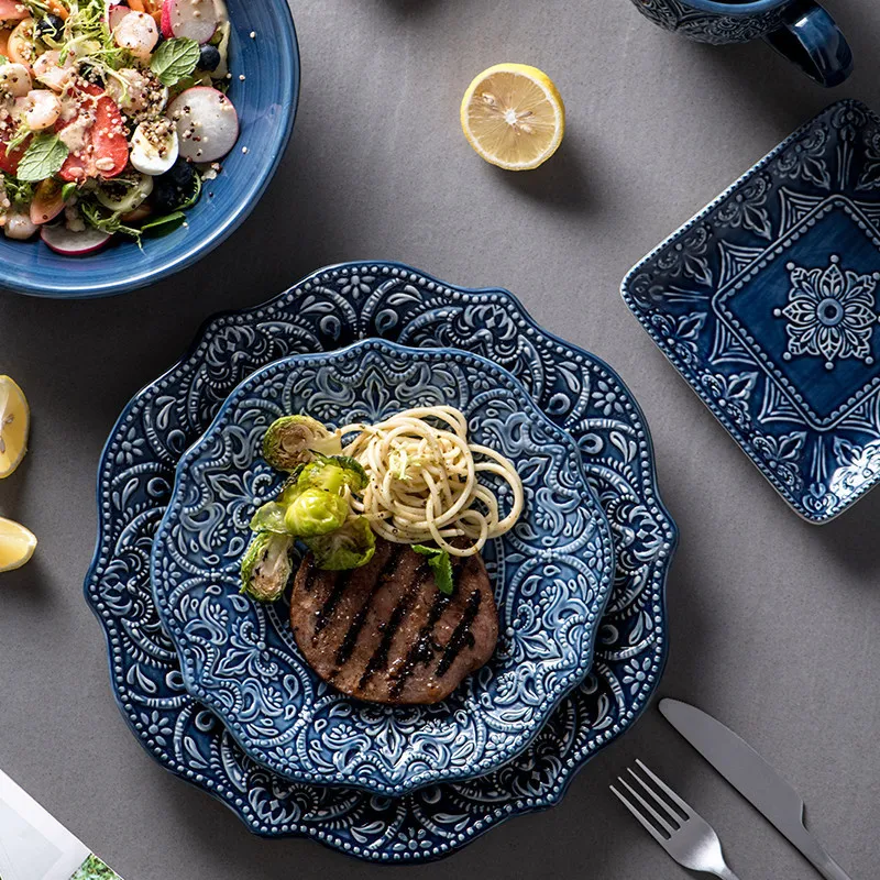 Baroque Dishware Home Bowl Blue Dinner Set Cup Plate Creative Personality Dishware Petal Ceramic Tableware Set