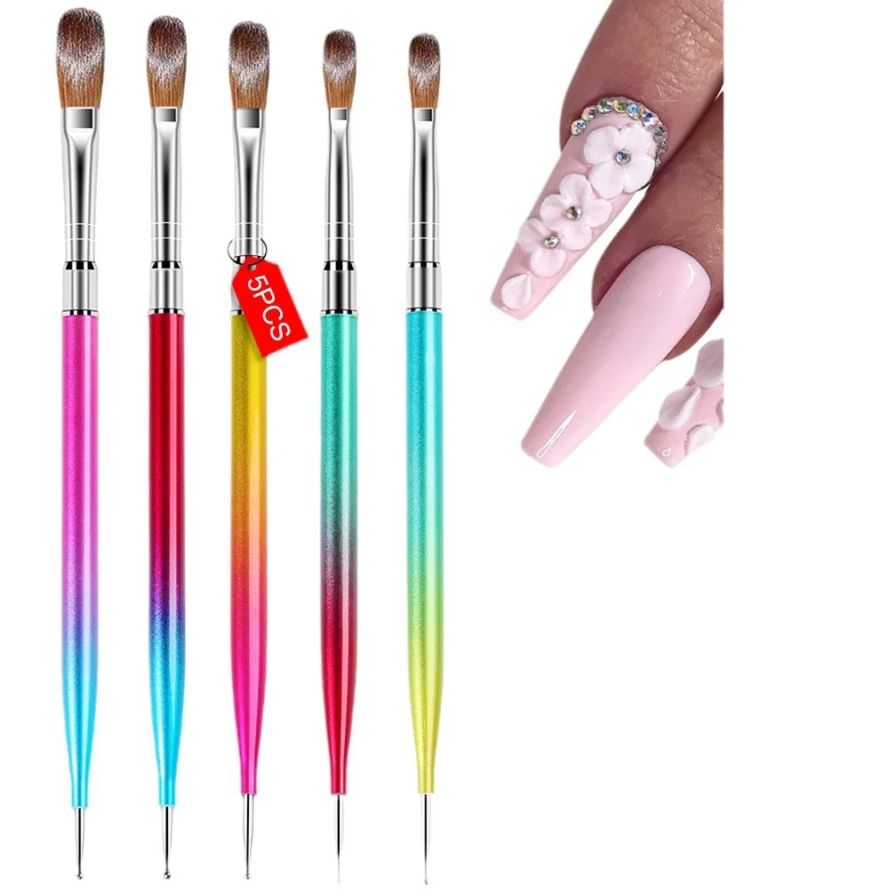 5pcs/set Nail Art Dotting Painting Pen Uv Gel Acrylic Drawing Carving Rainbow Chrome Liner Brush Tools 2 Ways Manicure Diy Tool