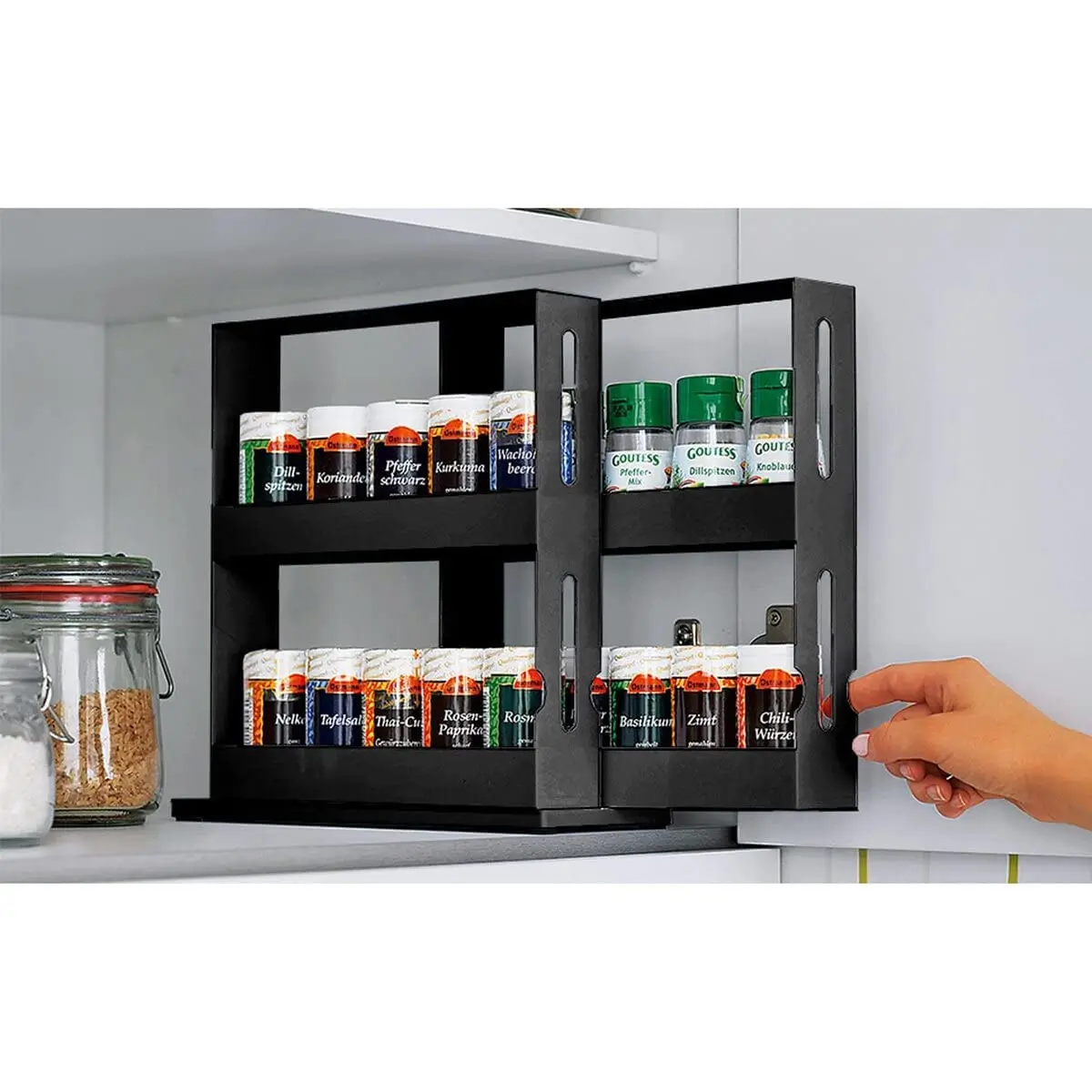 Spice Rack, Standing, Extendable, 2 Tiers, No Drilling, Lots of Storage Space, Shelf for Kitchen, Plastic, Black