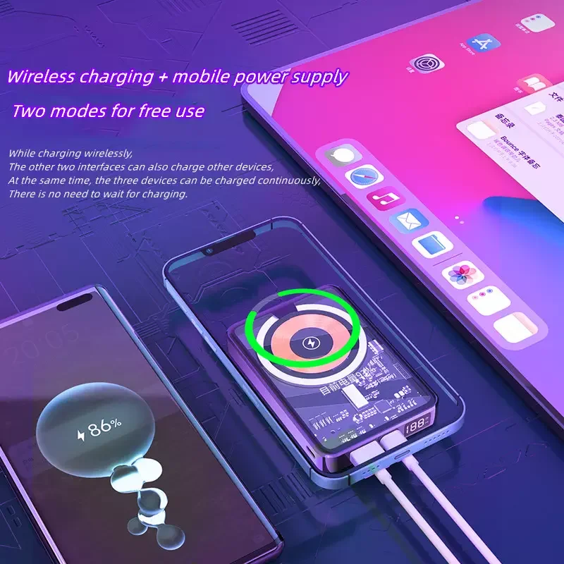Magnetic Wireless Charging Power Bank 10000mah Metallic Feel Visible Body Transparent Cover Portable Mini Wireless Power Banks