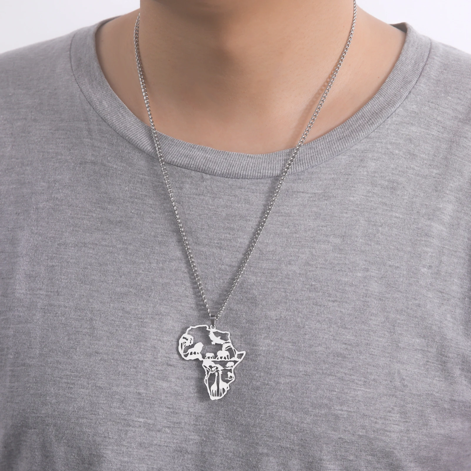 Africa Map Animal Giraffe Lion Elephant Pendant Stainless Steel Necklace Fashion Jewelry Necklaces For Woman Men