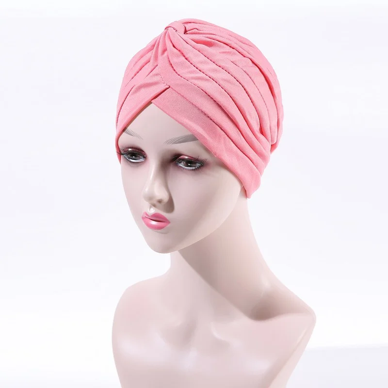 Indian Arab Stretch Jersey Soft Turban Hat African Solid Color Turban Head Wrap Double Layer Elastic Chiffon Instant Hijab