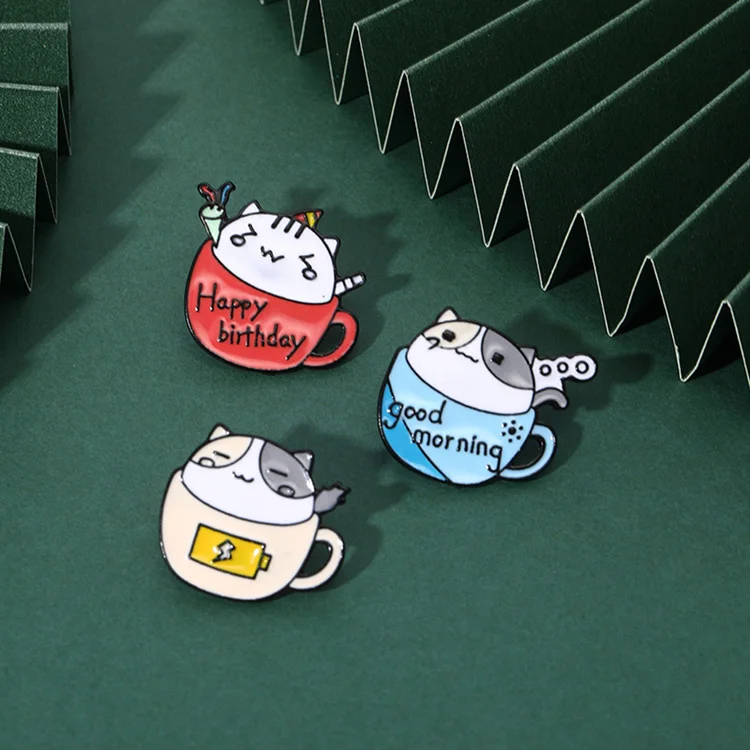 New arrival wholesale soft lapel pins custom coffee cup cat enamel pin set