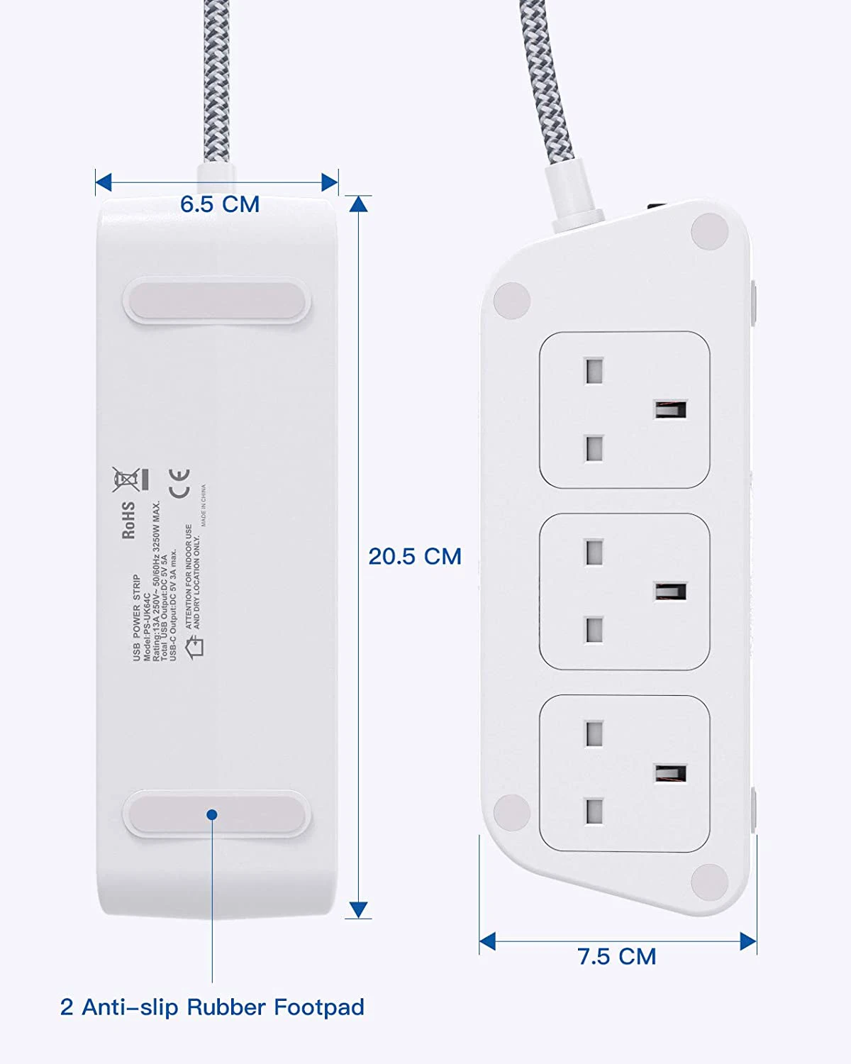 BS Type 6-outlet desktop power strip with 5-USB Type-c Children Protected Outlet 2 side design wide outlet space socket