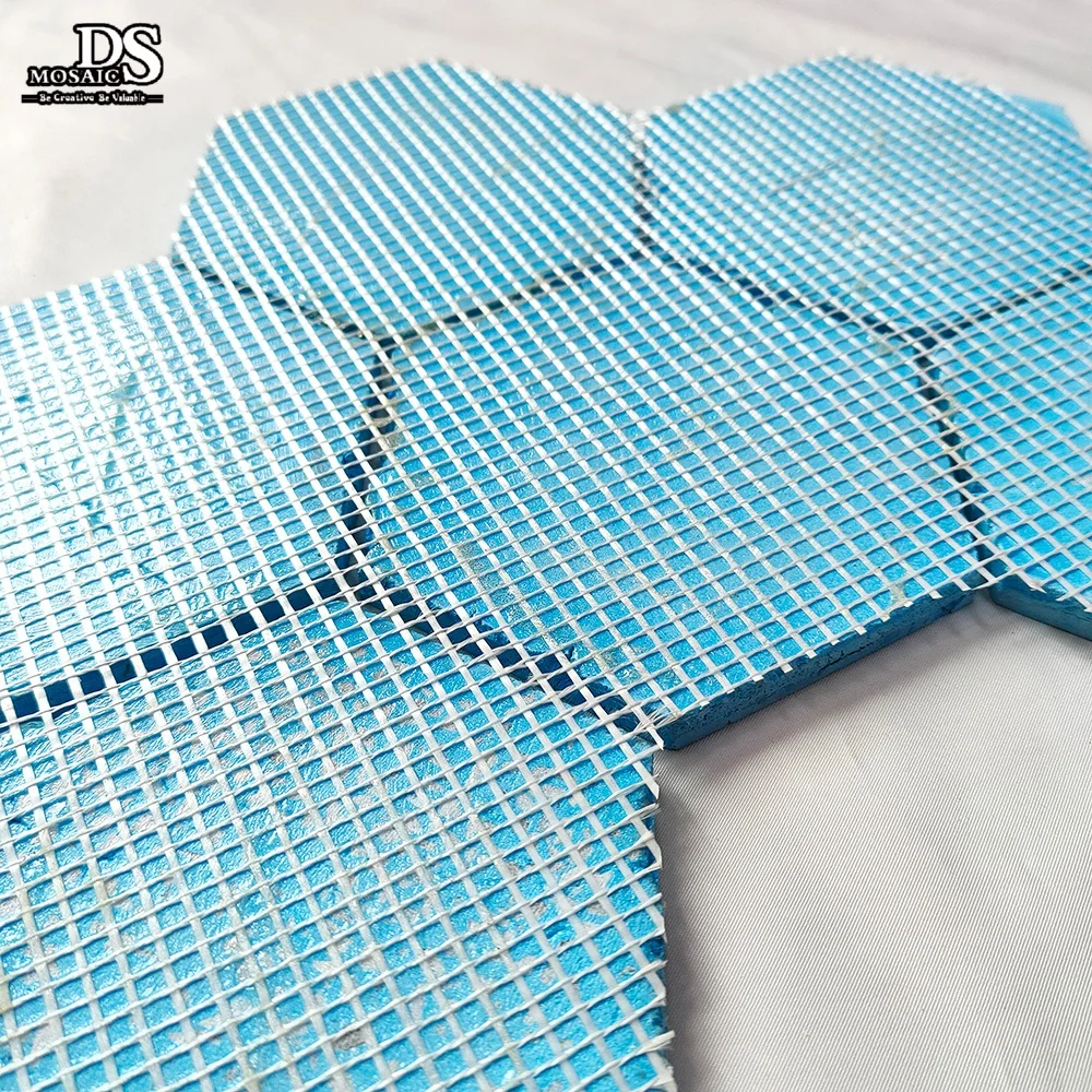 Polished Blue Hexagon Shape Natural Mother of Pearl Shell Tile Waterjet Cut Parquet Mosaic for Interior Backsplash Kitchen Ti