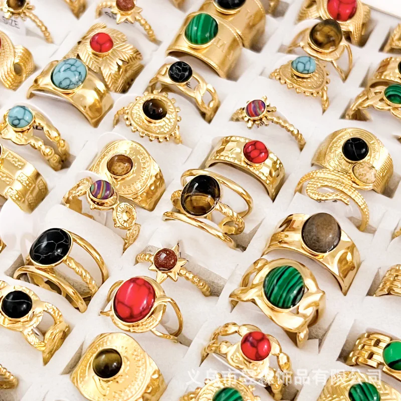 Wholesale Bulk Stainless Steel Ring Man Women Jewelry No Fade Natural Stone Ring Pvd 18k Vintage Ring