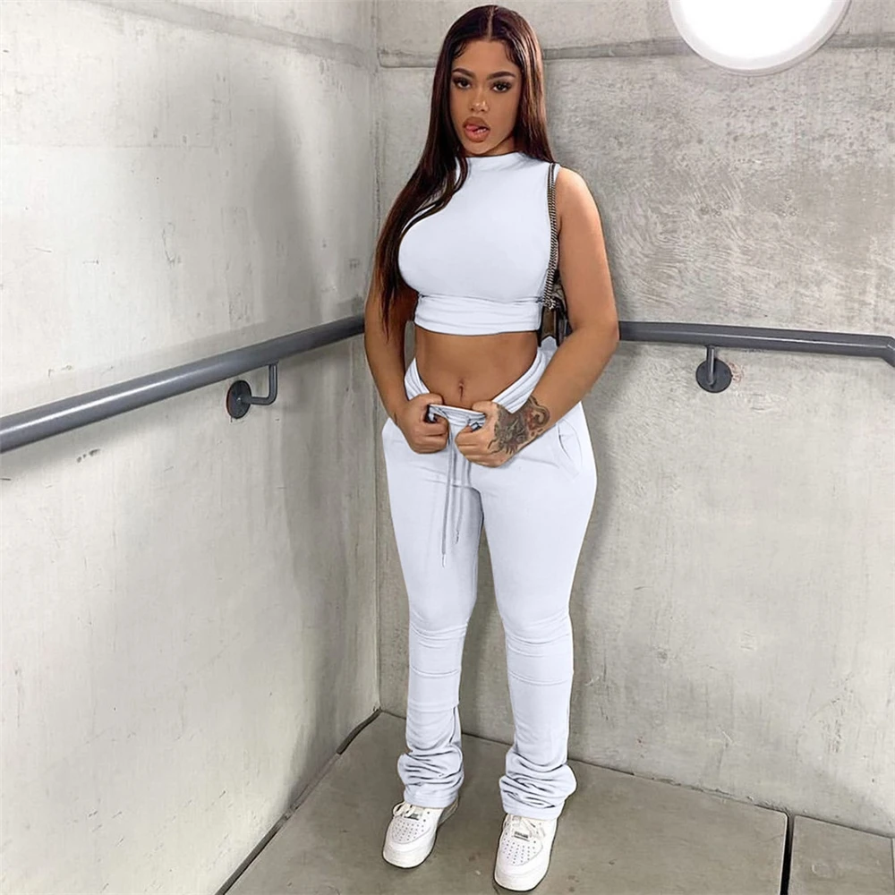 Spring Women Clothing Solid Color Turtleneck Sleeveless Crop Top With Folded Trousers 2 Piece Set Tracksuit Outfits