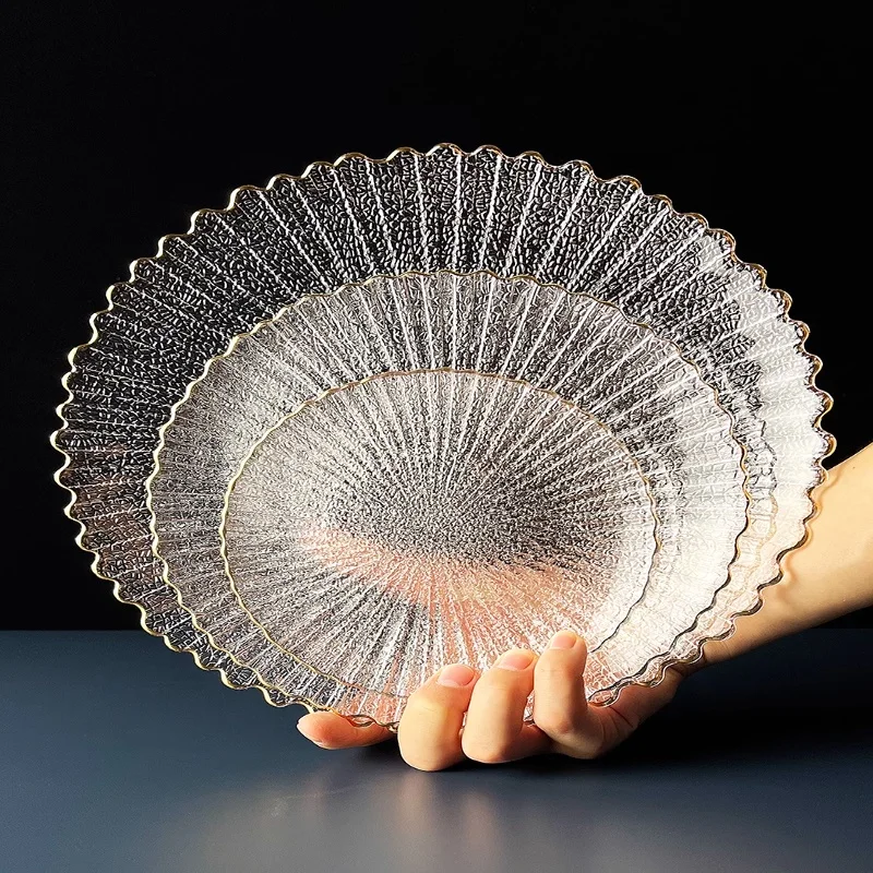 Hot Selling Glass Charger Plates Transparent Gold Edge Glass Charger Tray Gold Coral Texture Charger Plate for Wedding