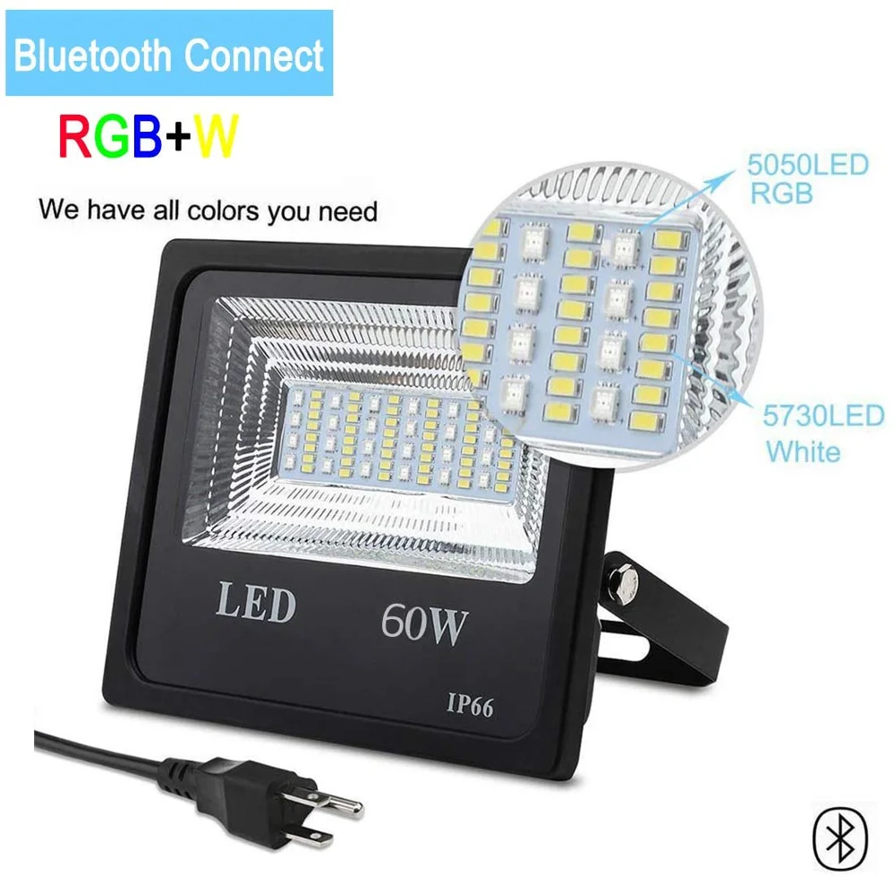 
60W RGBW Flood Light with APP Remote Control, IP66 Waterproof Dimmable Outdoor Color Changing Floodlight for home 