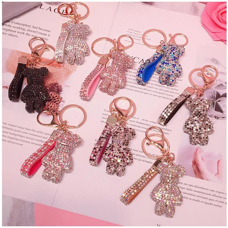 Hot Sale Strass Rhinestone Bear Animal Leather Strap KeyChain