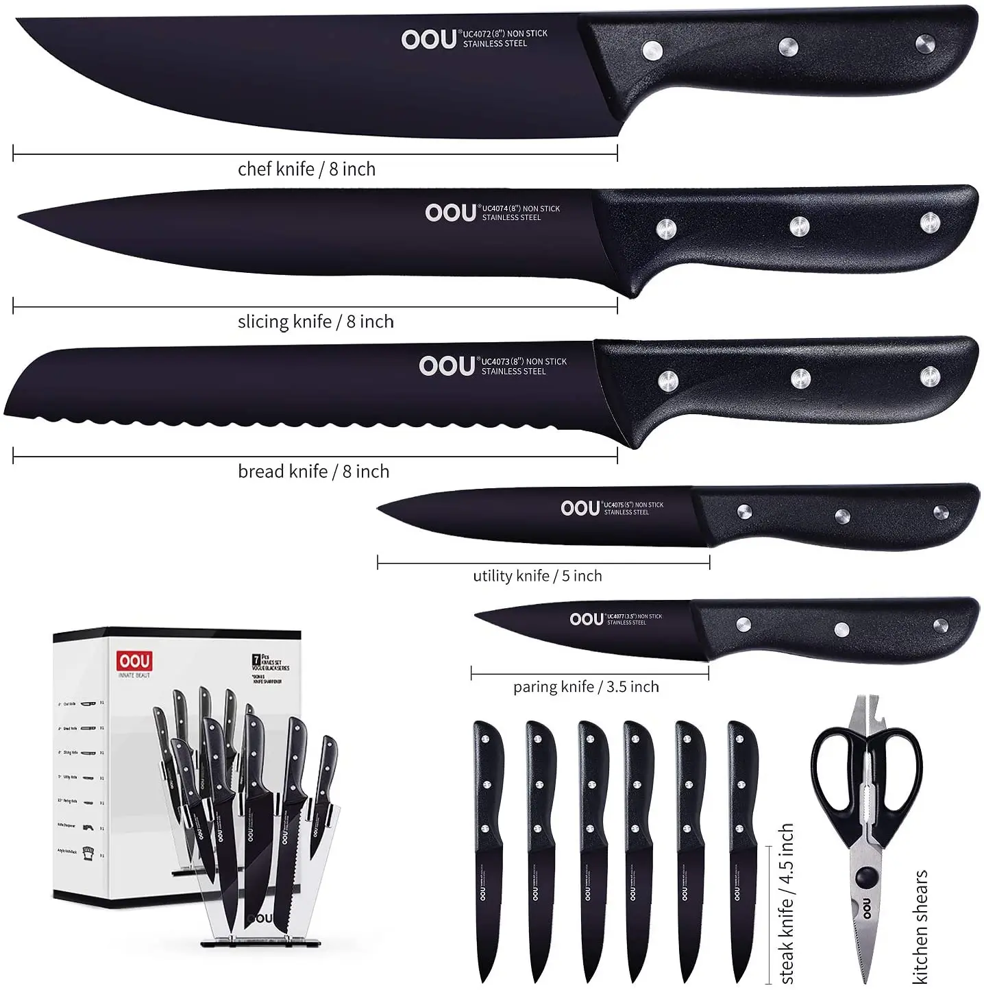 OOU BO Chef Series 15pcs Amazon Best Seller Kitchen Knives Set Oxidation Patent Black Kitchen Knife Stainless Steel All-season