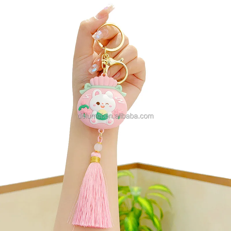 Soft Rubber Creative Keyring lanyard Bags Car Accessories Chinese Dragon Boat Festival PVC 3D Cartoon Lucky Rabbit Keychain