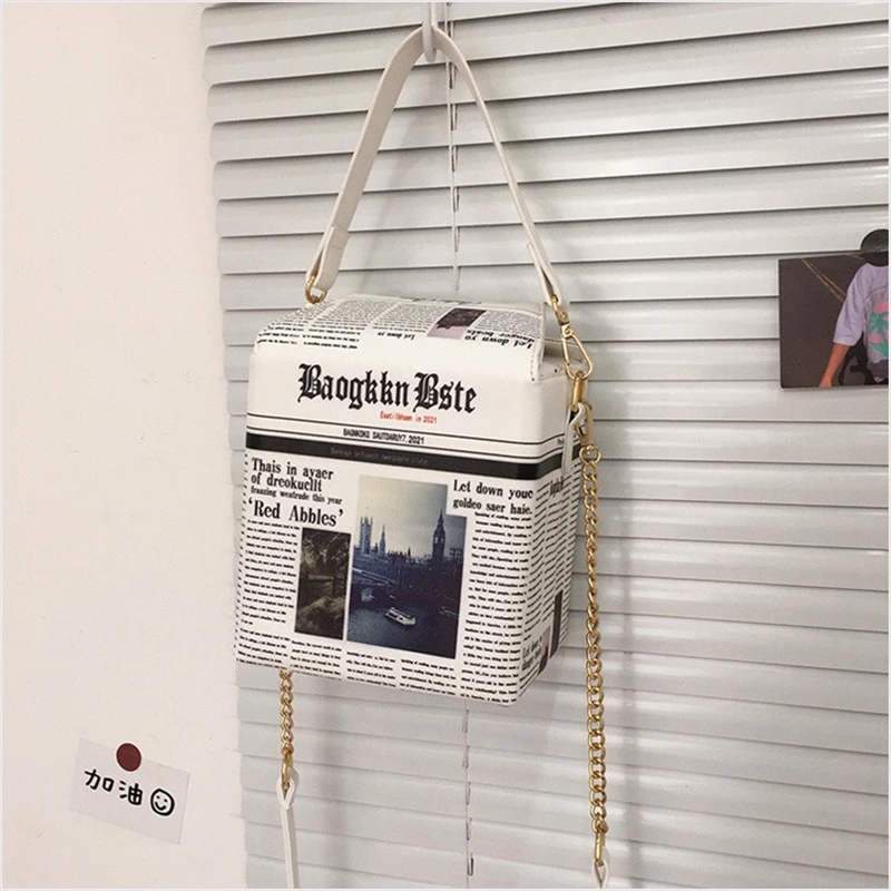 Fashion Newspaper Print Chain Bags Large Capacity Tote Handbags for Women Ladies PU Leather Shoulder Trendy Purses