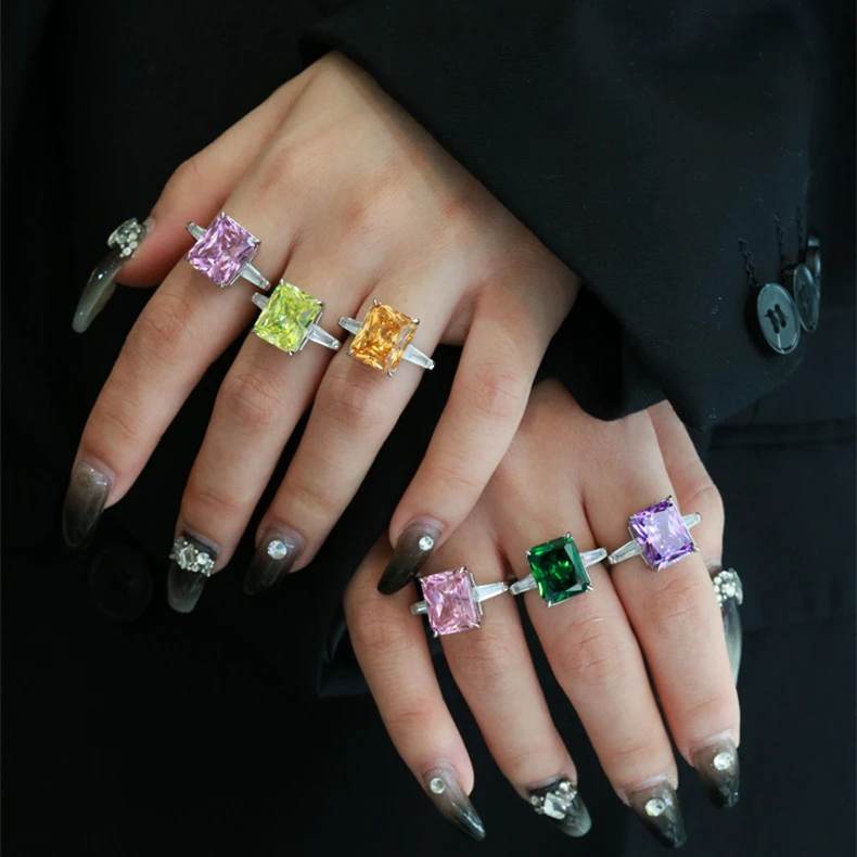 Trendy 925 Sterling Silver Wedding Rings Radiant Cut Diamond 10mm*12mm Royal Blue Emerald 5A Cubic Zirconia Fine Jewelry Rings