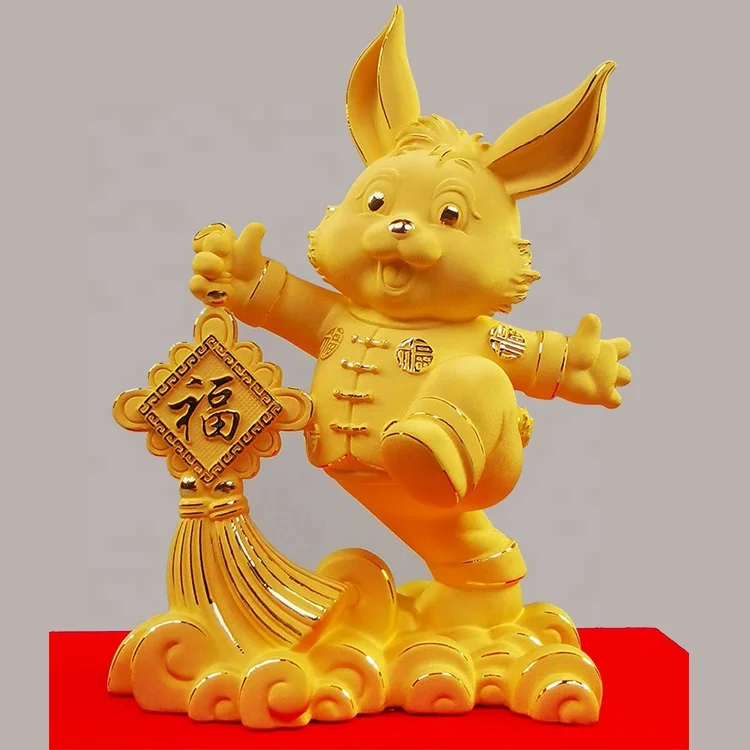 2023 New Design Cute Rabbit Chinese Zodiac Rabbit 24k Golden Rabbit Gift Collectible Figurines Table Decor Statue