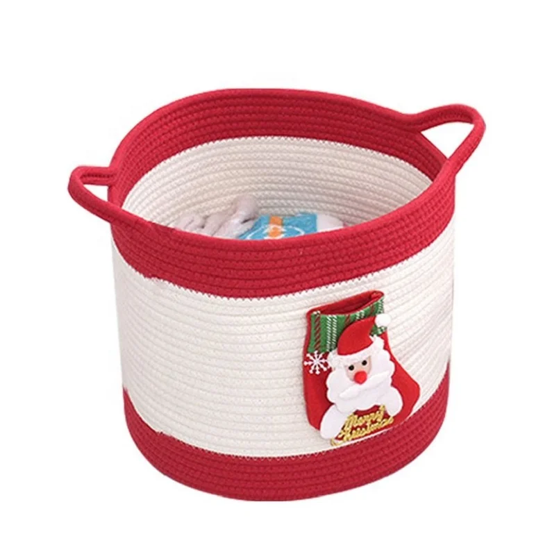 High Quality Trending Basket Christmas Design Cotton Rope Woven Round Basket With Handle
