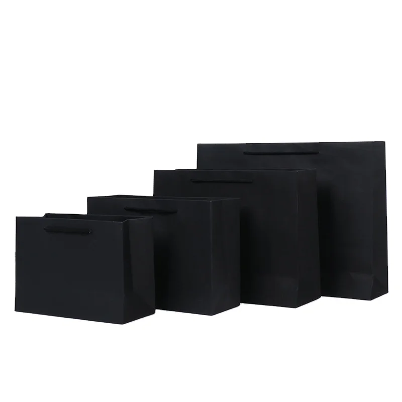Black Custom logo Printing Elegant Customized Brand Logo Luxury Boutique Shopping White Card Paper Gift Bags with Ribbon Rope