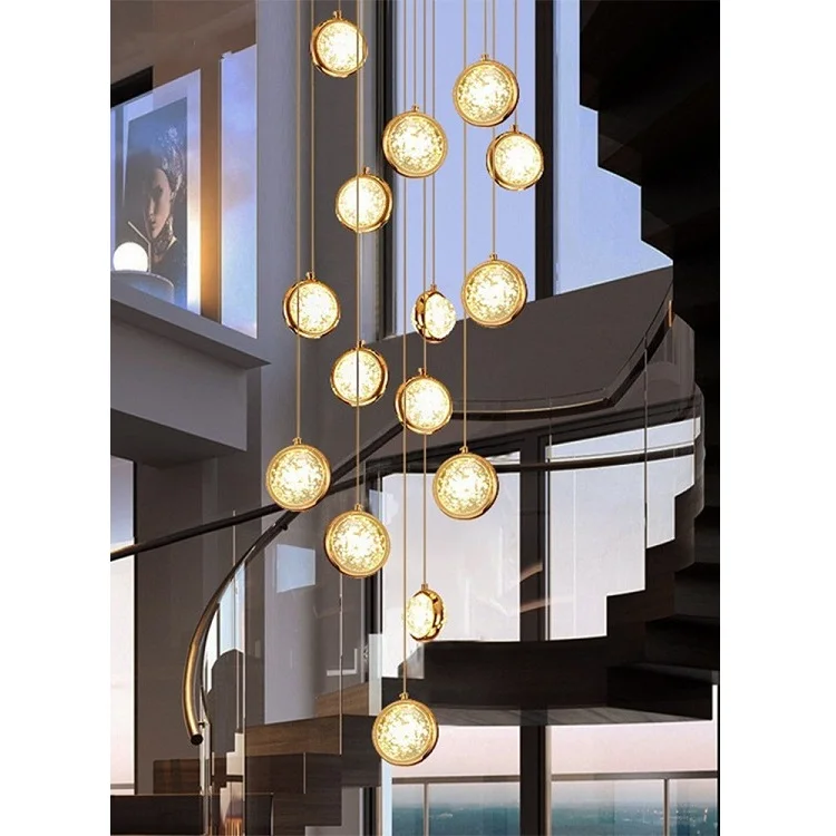 Luxury simple aluminum ring bubble ball glass crystal pendant lamp chandelier for villa duplex building loft staircase