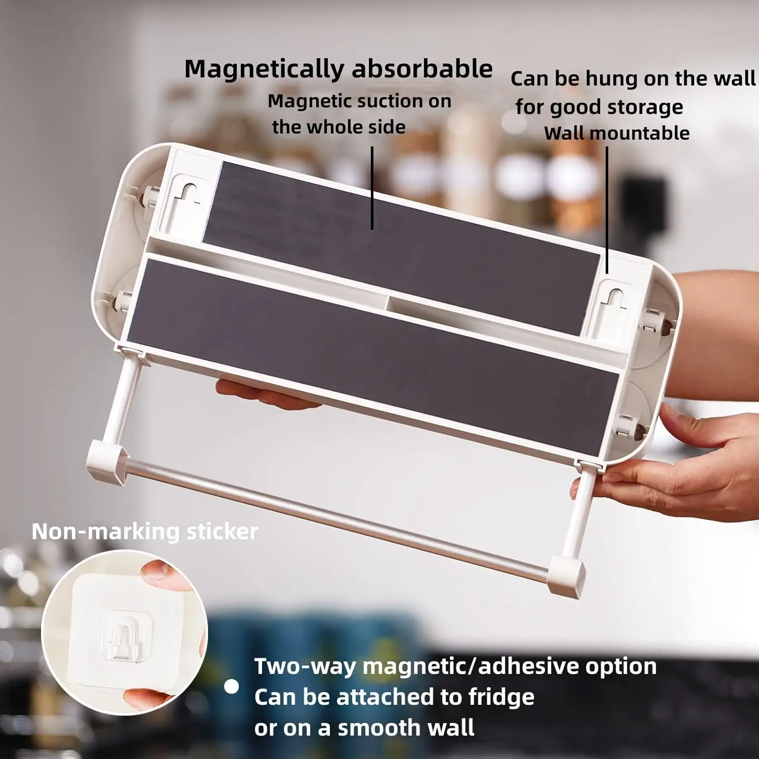 3-in-1 Kitchen Organizer Wall Mount Magnetic Rack Cling Film Dispenser Shelf for Towel Baking Paper Roll Foil Plastic Wrap