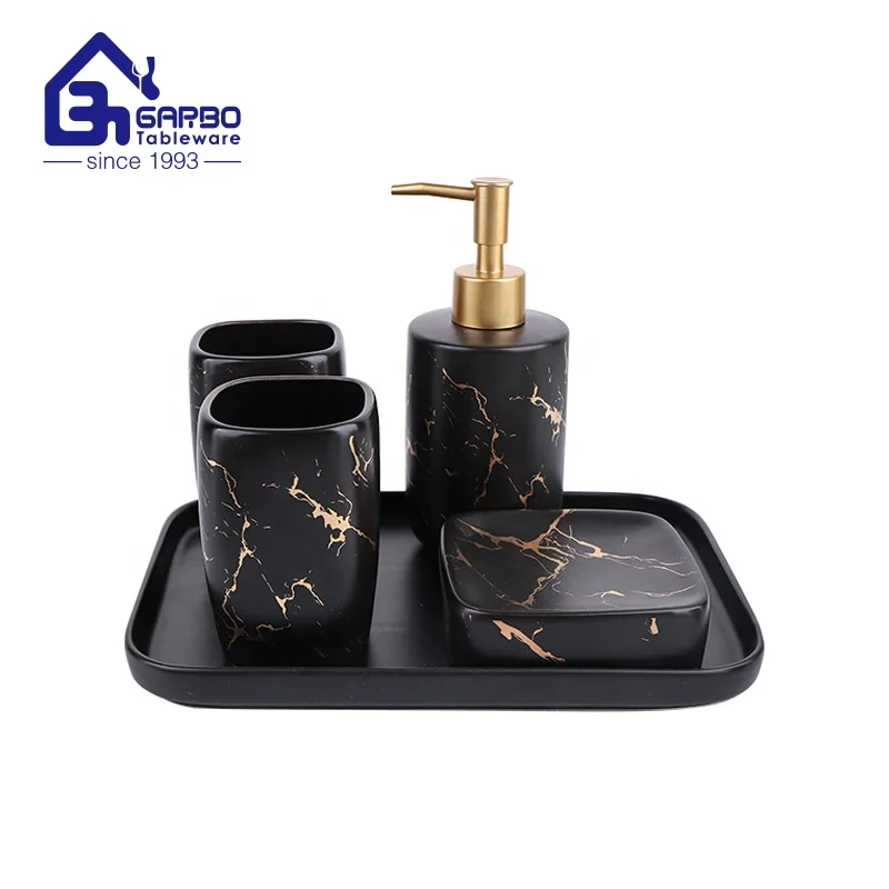 Wholesale 5pcs marble design bathroom bottle cup soap dish set hotel washing kit ceramic bathroom accessories set