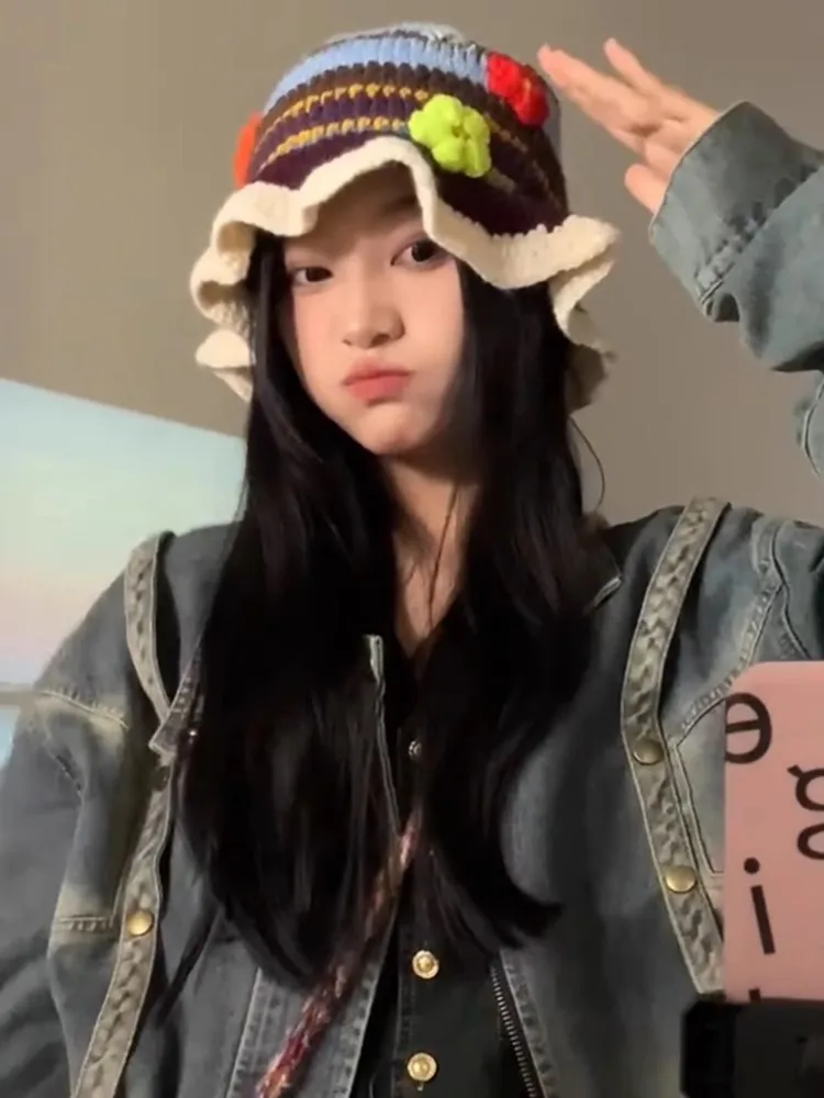 Wholesale Winter Classic Fashion Colorful Retro Handmade Warm Plush Hat Knitted Bucket Hat For Women