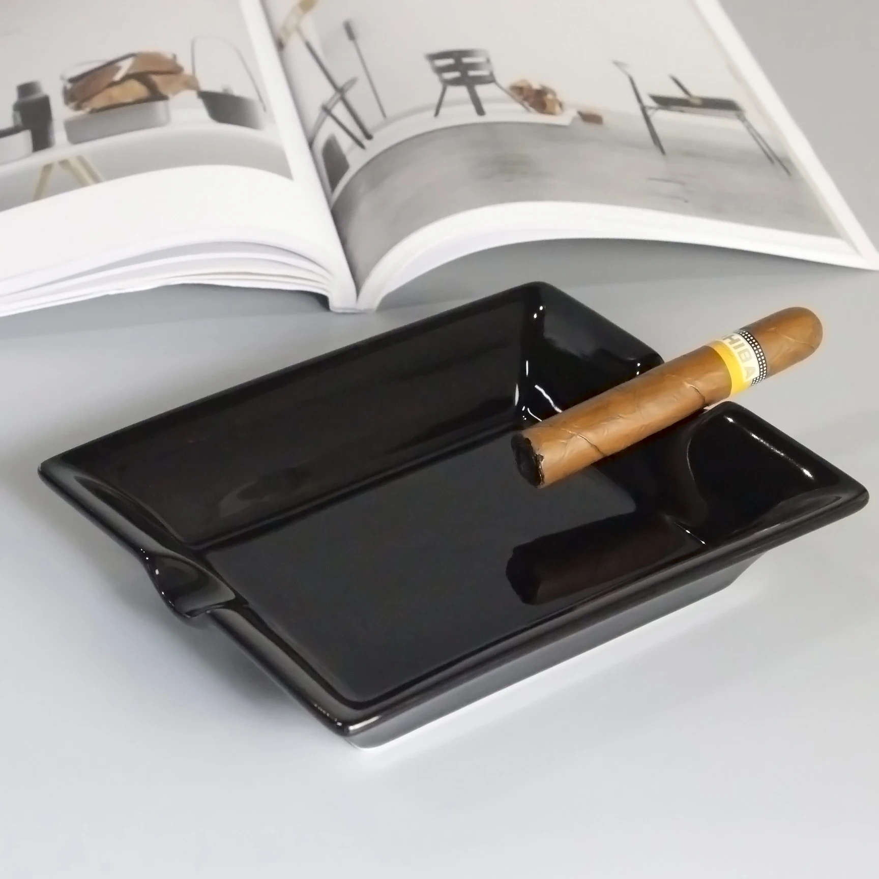 Ceramic ashtray cigar custom design Rectangular black luxury style Smoking accessory as gift Shop online