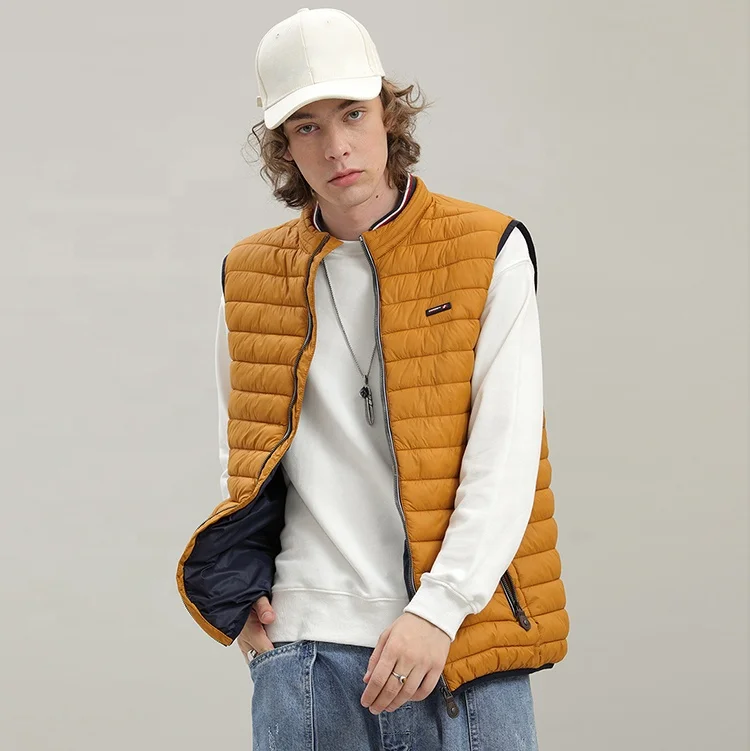custom logo winter high quality windproof orange men down puffer vests zipper threaded stand collar ultra light men down vest