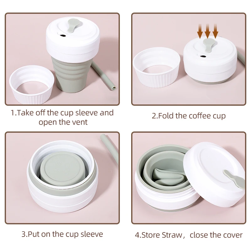 Custom Reusable 12 16 oz Portable Foldable Silicone Folding Collapsible Silicon Travel Coffee Cup Mug To Go