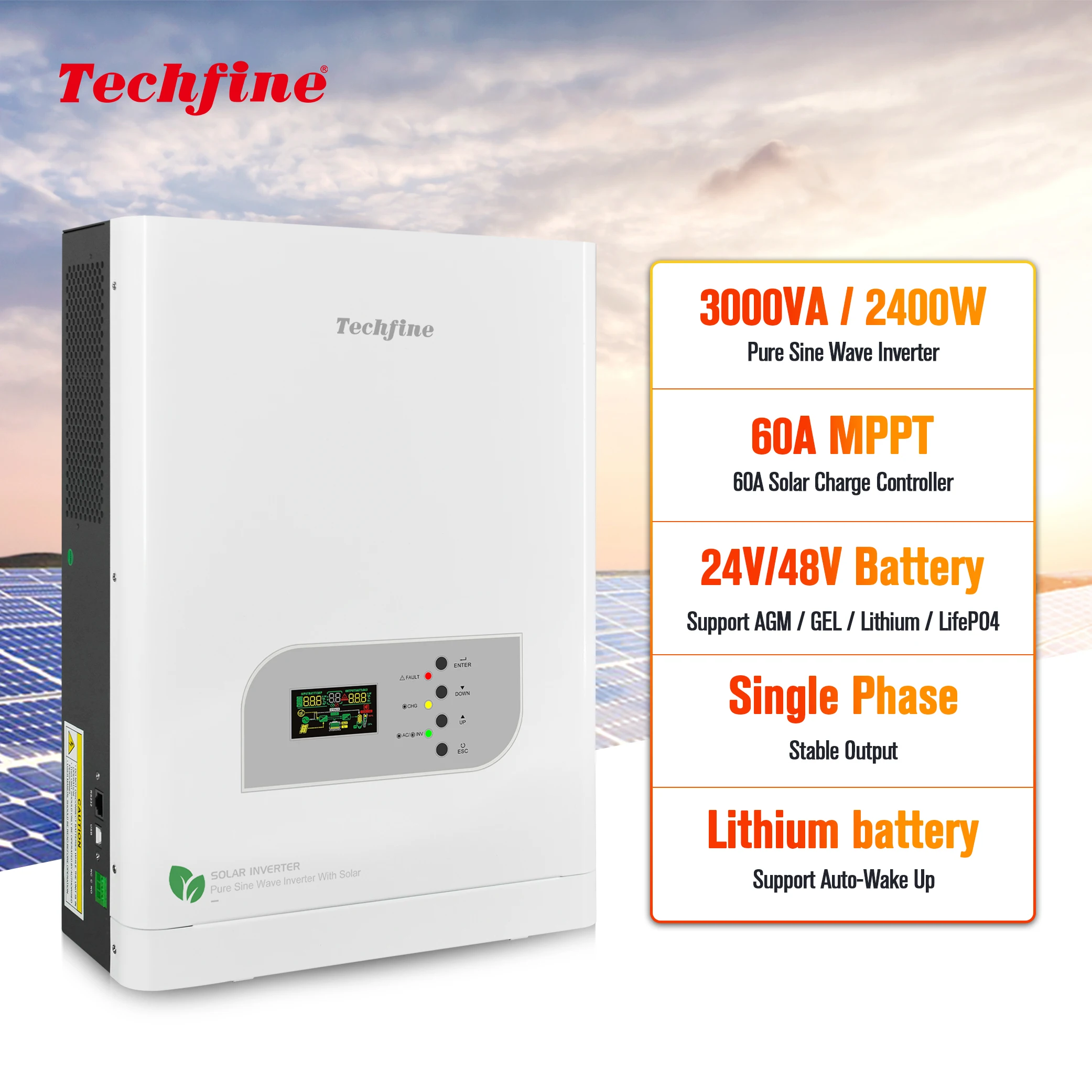 Techfine 1KVA 2KVA 3KVA 5KVA 8KVA 10KVA 12.5KVA 12v 24v 48VDC 220v pure sine wave power off grid Solar Inverters