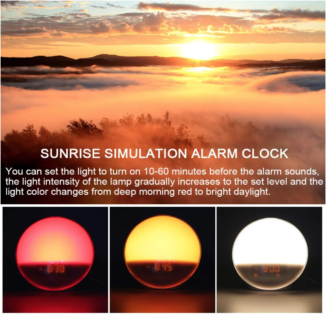 Smart Dual Alarm Clock 7 Colorful Bedside Light Sunrise Simulation Wake Up Light With FM Radio Wake Up Light