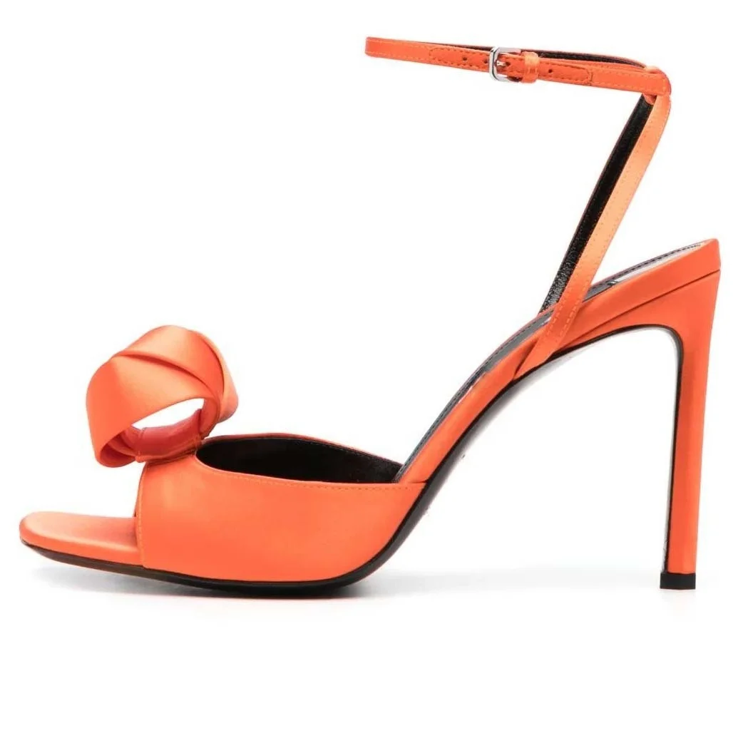 ENMAYER Cheap Price Orange Satin Square Toe Thin Heel Summer Women Heeled Sandals