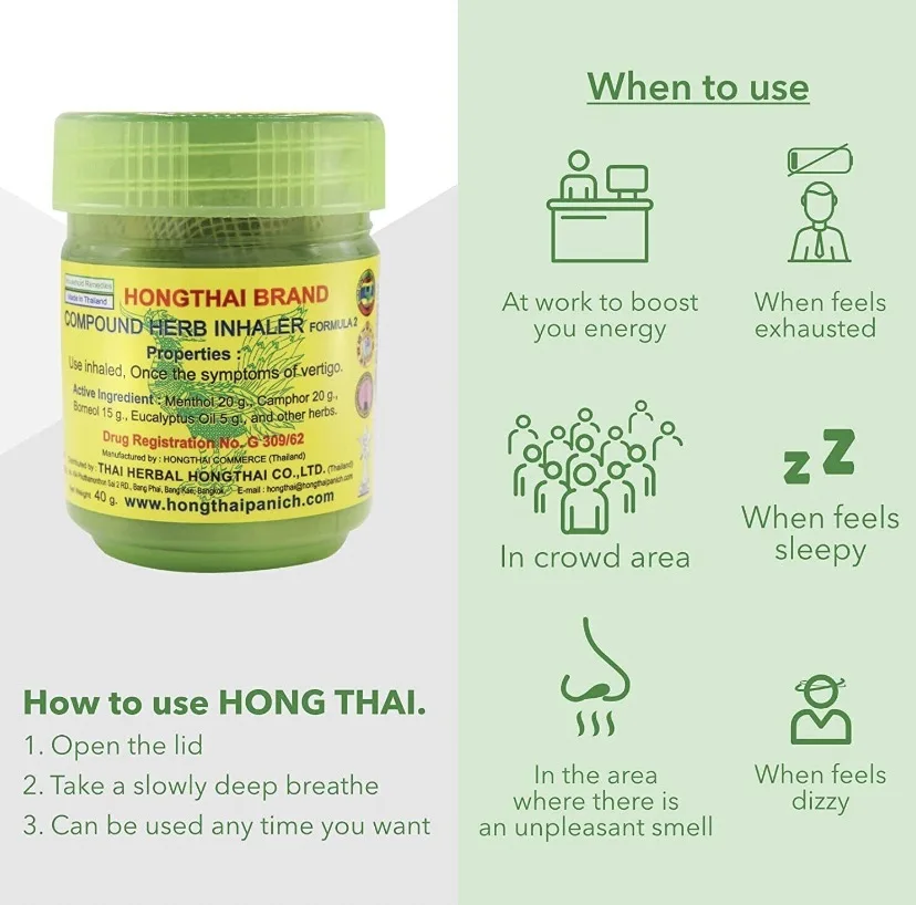Best Seller Thai Inhaler Dry Hong Thai Herb Brand Herbal Inhaler (Green) Hong Thai 10 g Best Seller for Wholesales from Thailand