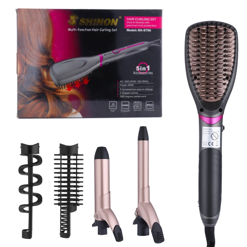 SHINON SH8756 Interchangeable Ceramic Barrel Wand Dual Voltage Hair Curler Hot Air Brush Professional Curling Iron and Wand Set