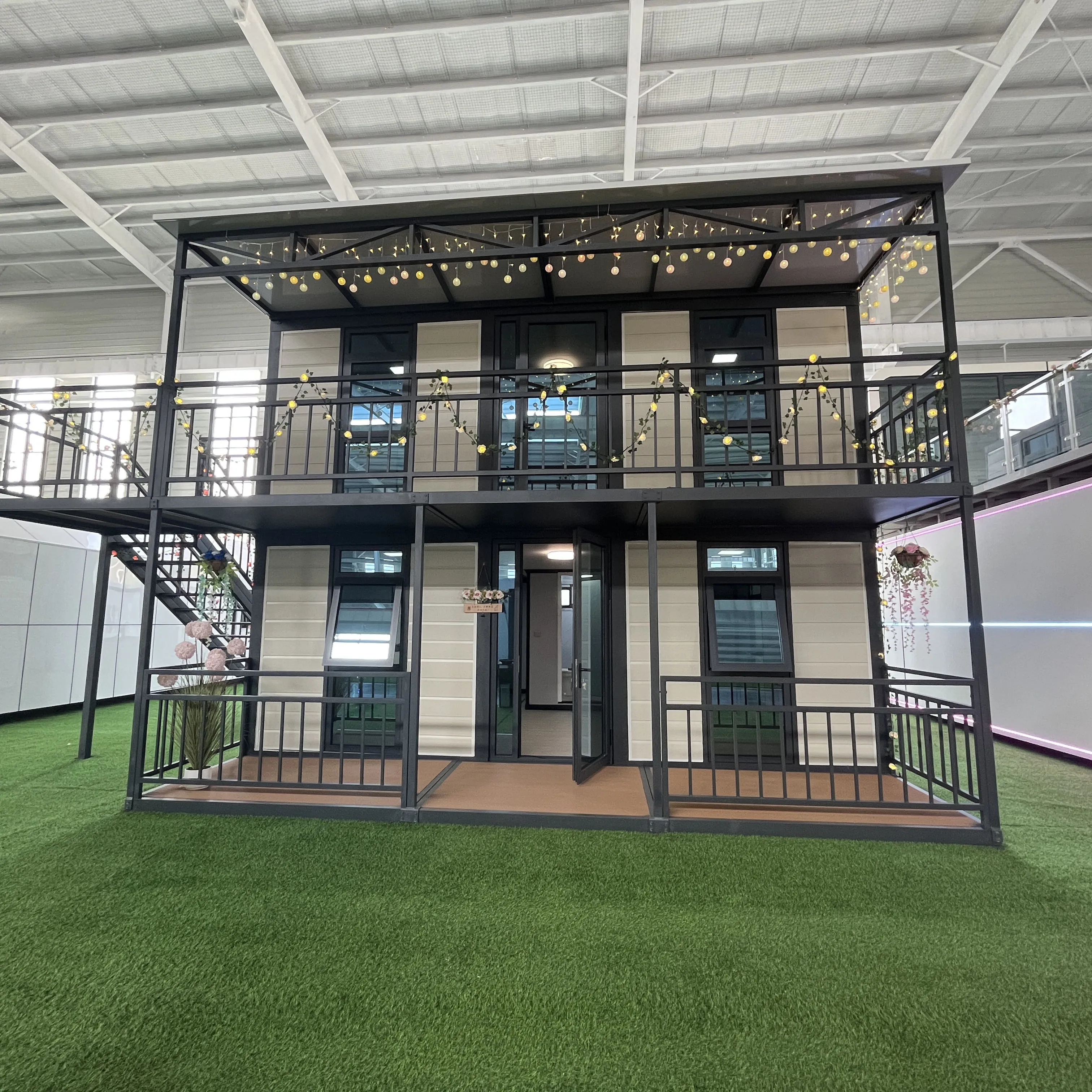 20ft double-story office prefabricated shipping double-wing expandable folding container houses with terrace stairs and canopy
