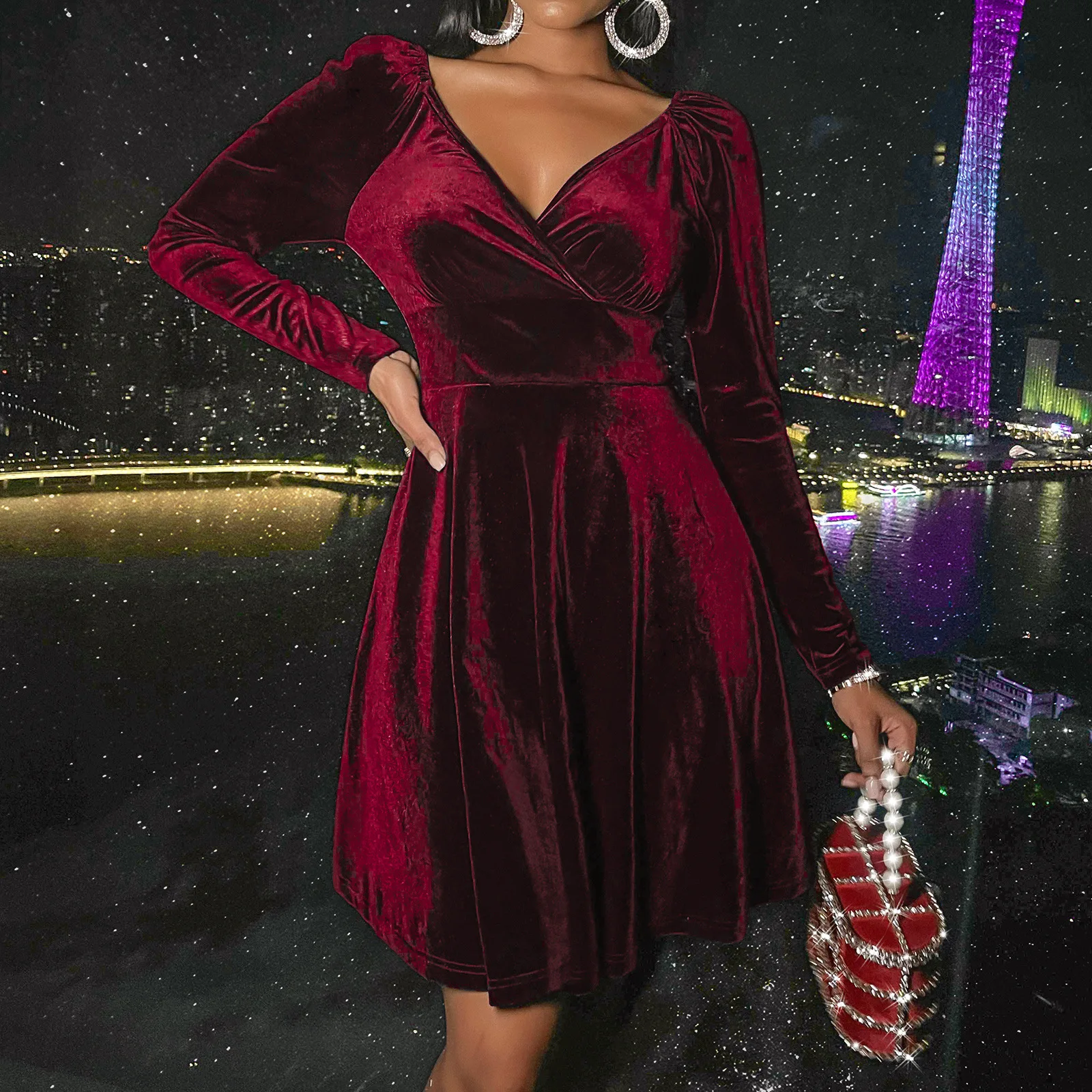 Ladies High Quality Long Sleeve V-Neck Velvet Dress Fashion Casual Elegant Evening Dress