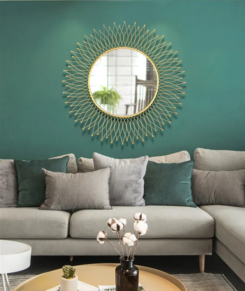 Fireplace and Cabinet Above 3D Metal Mirror Wall Hanging Artware Decoration