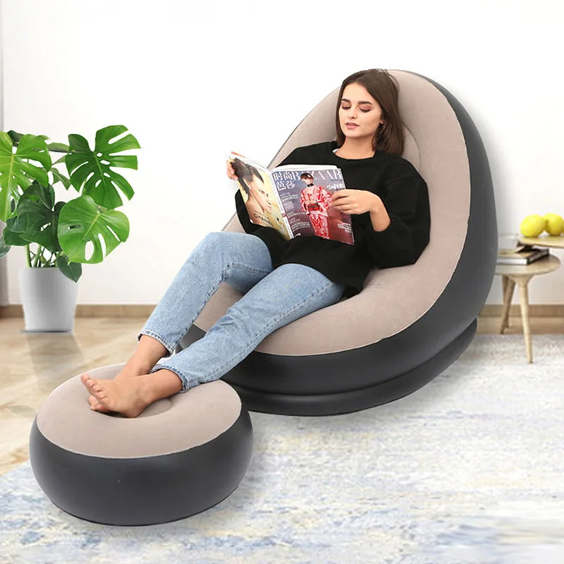 Hot Selling Comfortable Lazy Inflatable Sofa Chair With Foot Rest PVC Flocking Furniture Living Room Sofas Air Inflatable Sofa