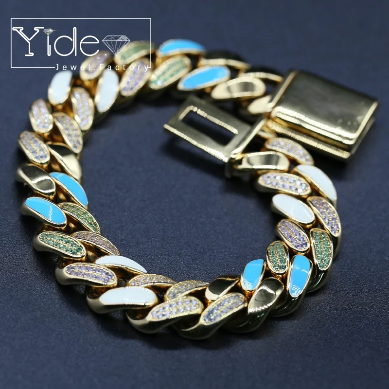 Hip hop 12mm wide cuban chain multicolor zircon gold chain enamel bracelet