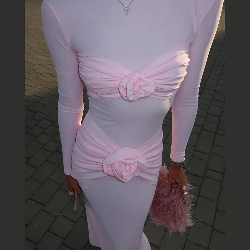 2024 Autumn and winter new sexy tight round neck long dress with pleated floral temperament dress