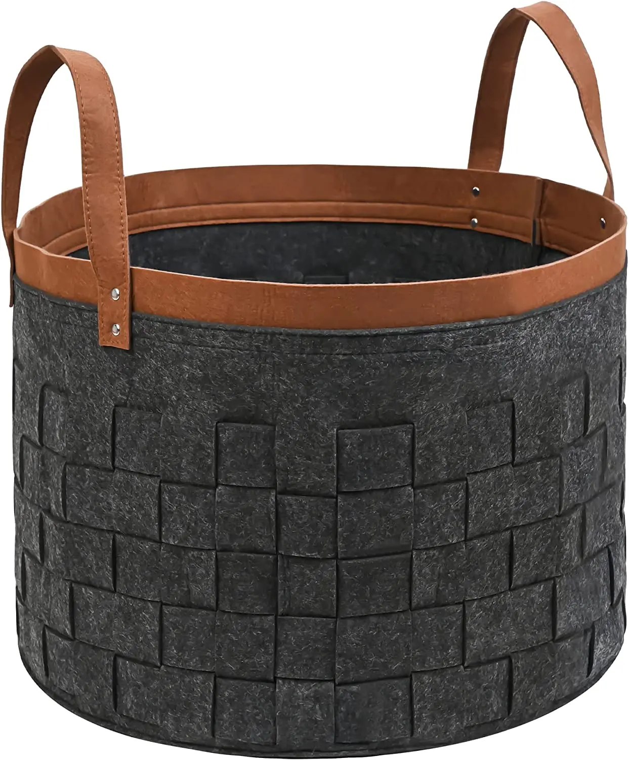 Washable Felt Fabric Storage Organizer Woven Bag Storage Round Foldable Basket with sturdy leather handle