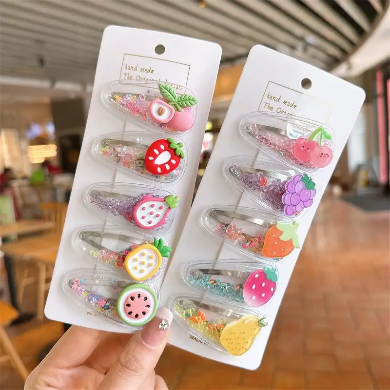 Factory Custom Cute Kids Hair Accessories Children Baby Lovely Cartoon Fruit Quicksand Bb Hair Clips Sets