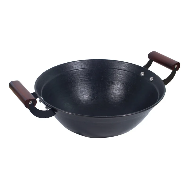 Old-Fashioned Cast Iron Wok with Wooden Handle and Double Ears Uncoated Large Wok for Household Cooking Chinese Bottom Pan